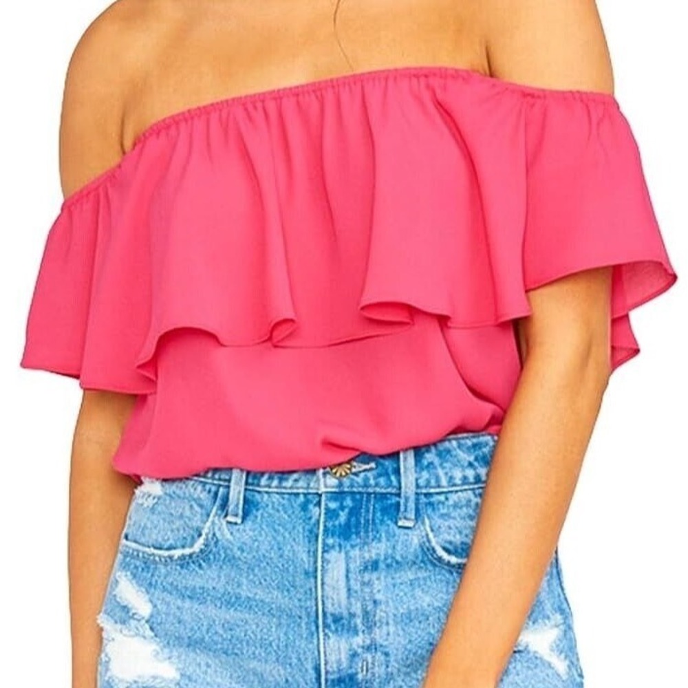 NWT SHOW ME YOUR MUMU Pink Punch CREPE Off-The-Shoulder CHIQUITA BLOUSE/TOP XS